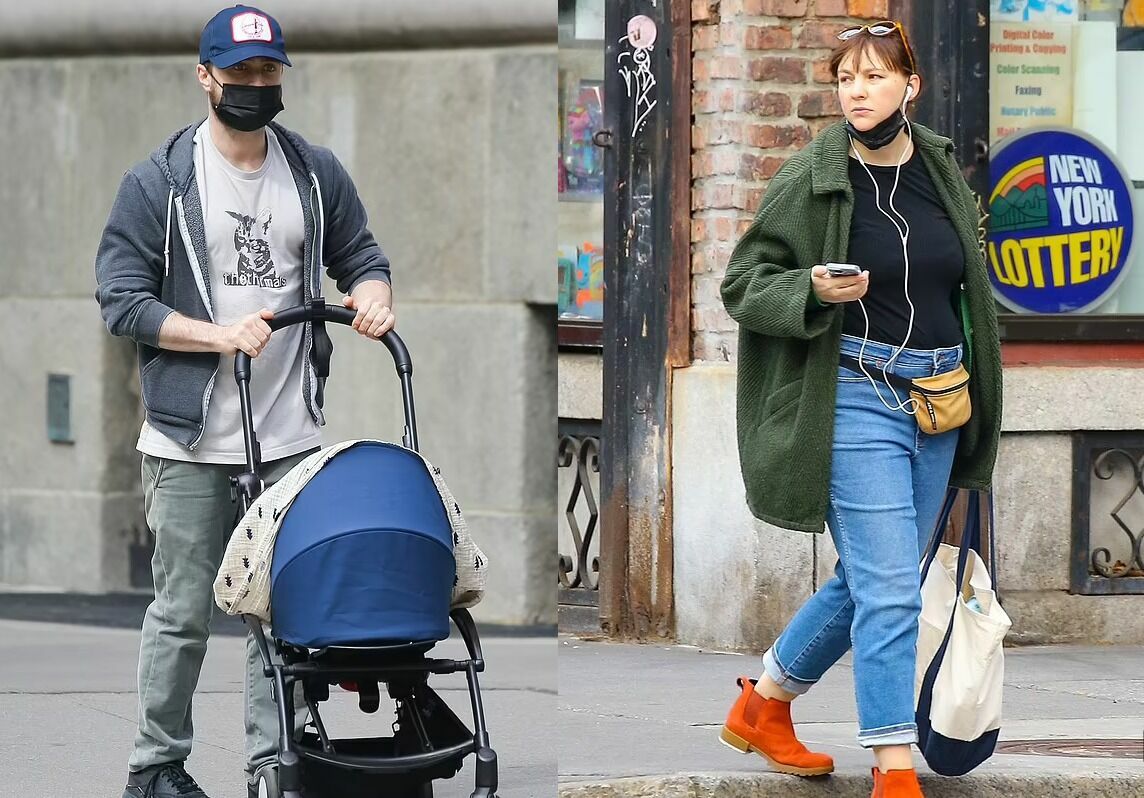 Дэниел и Эрин на прогулке с новорожденным в Нью-Йорке. 